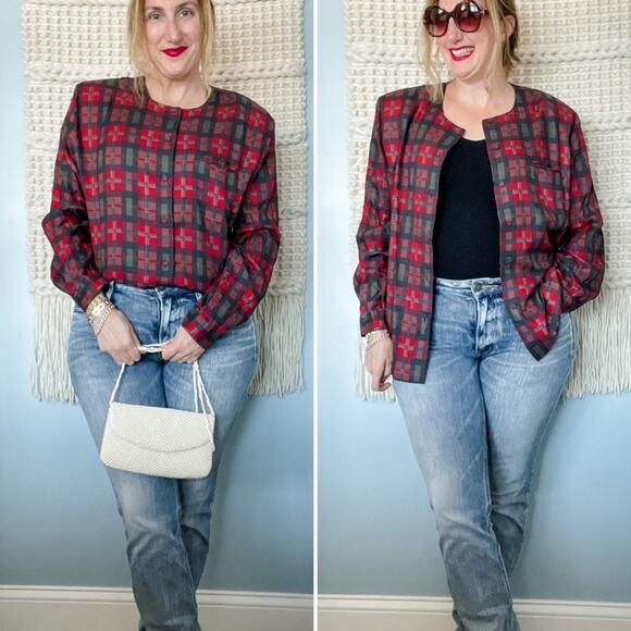 Vintage Talbots perfect plaid collarless button-down blouse size large L - Picture 7 of 7